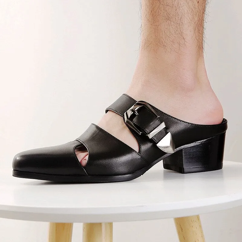 Pointed Toe Buckle Hollow Leather Shoes Male Black Sandals