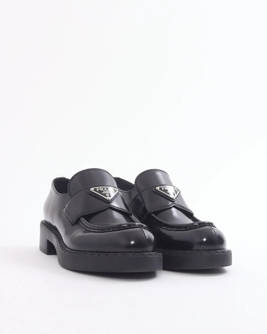 Prada Black Brushed Leather Chocolate Loafers - 38
