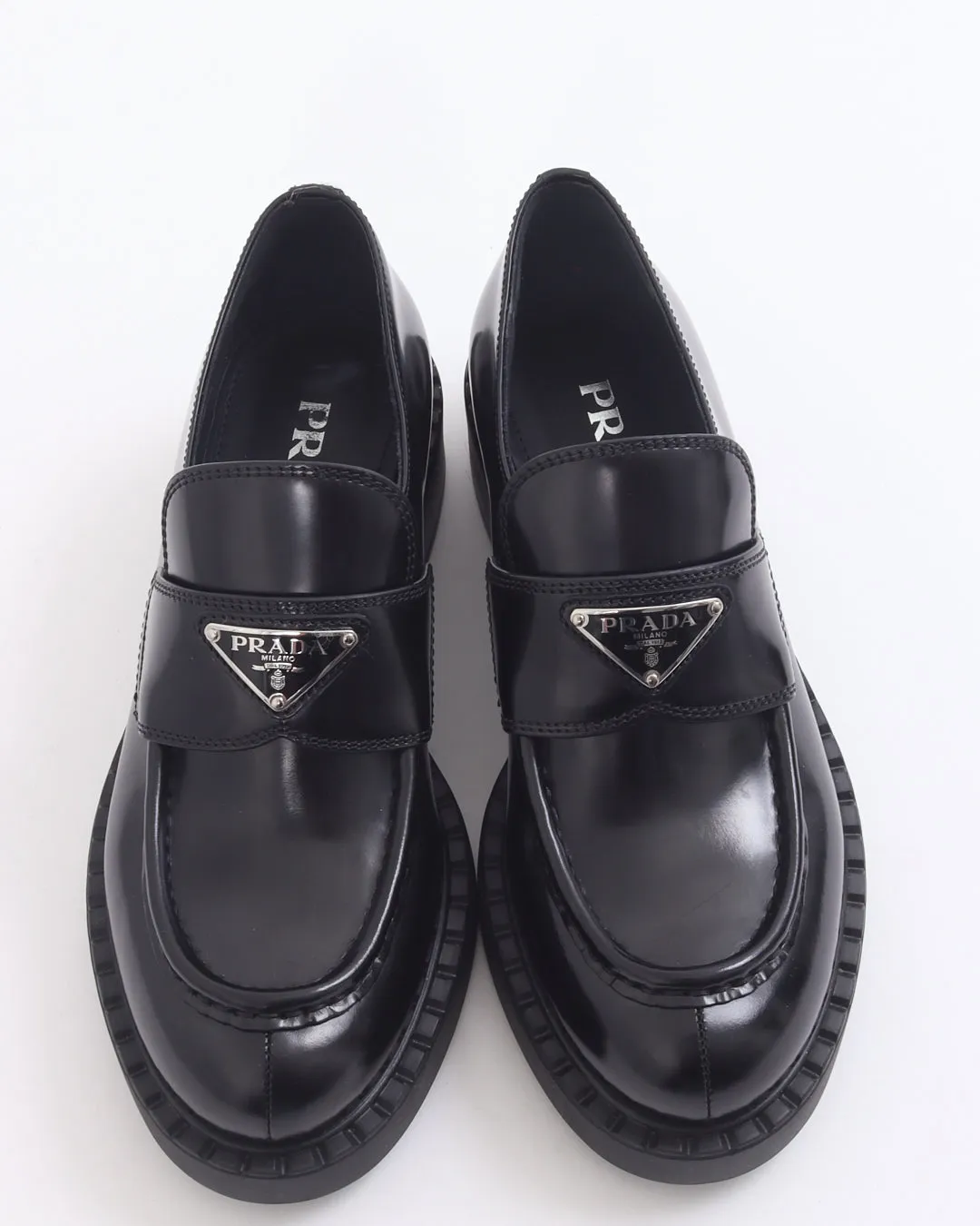 Prada Black Brushed Leather Chocolate Loafers - 38