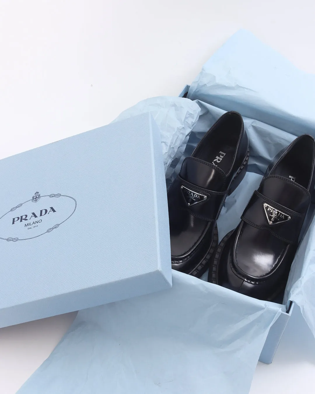 Prada Black Brushed Leather Chocolate Loafers - 38