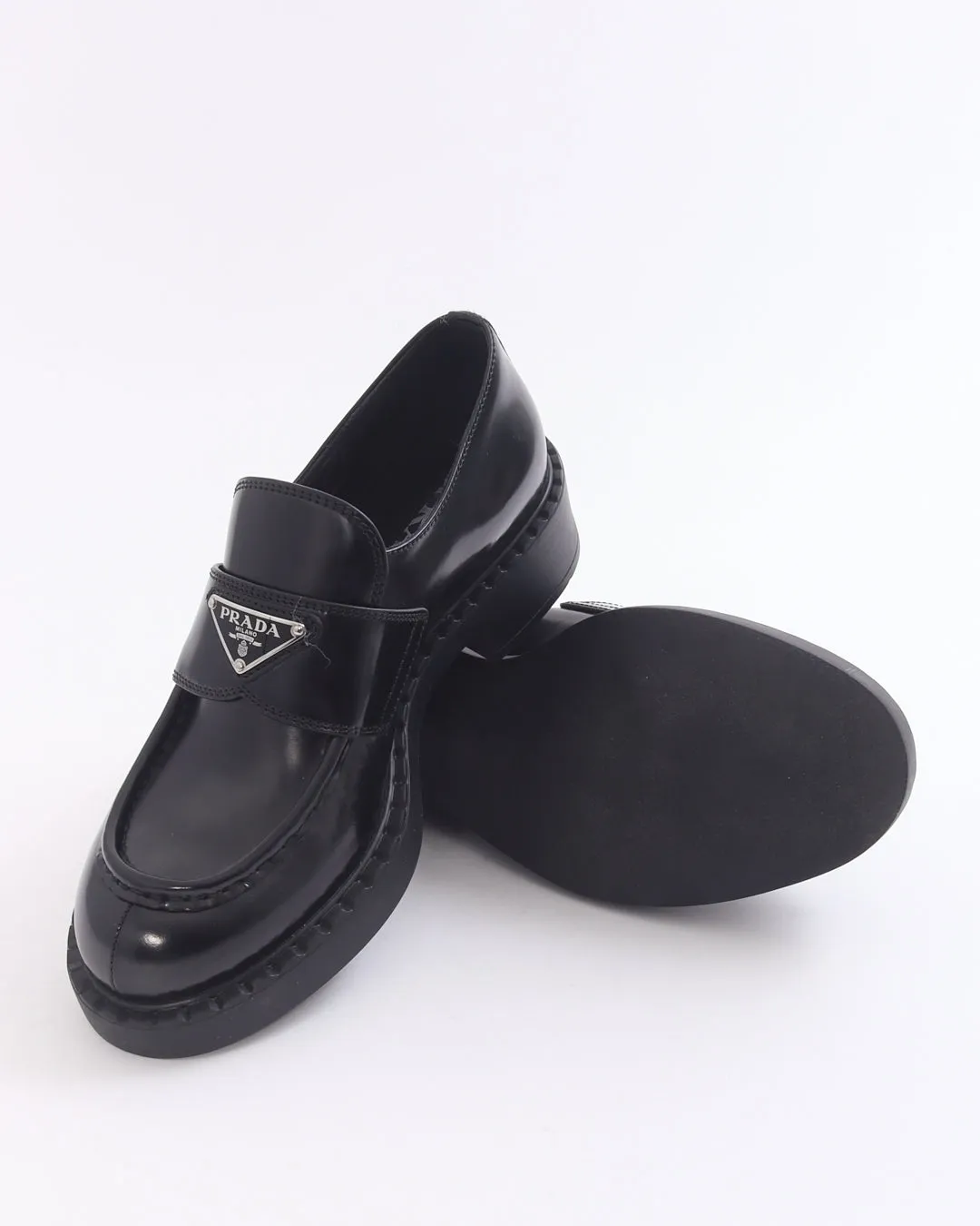 Prada Black Brushed Leather Chocolate Loafers - 38