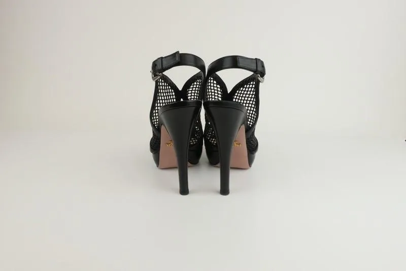 Prada Platform Slingback Sandals Black Leather & Mesh Size 38.5 Peep Toe Heel