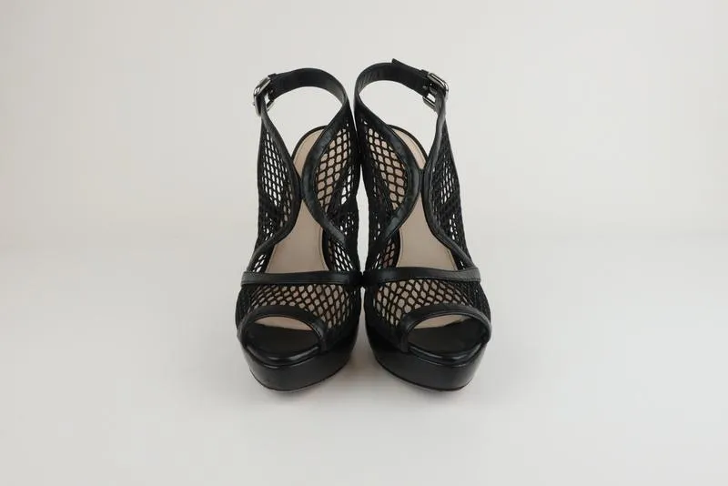 Prada Platform Slingback Sandals Black Leather & Mesh Size 38.5 Peep Toe Heel