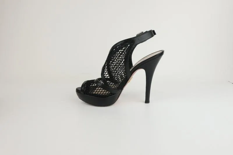 Prada Platform Slingback Sandals Black Leather & Mesh Size 38.5 Peep Toe Heel
