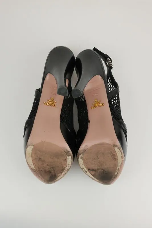 Prada Platform Slingback Sandals Black Leather & Mesh Size 38.5 Peep Toe Heel