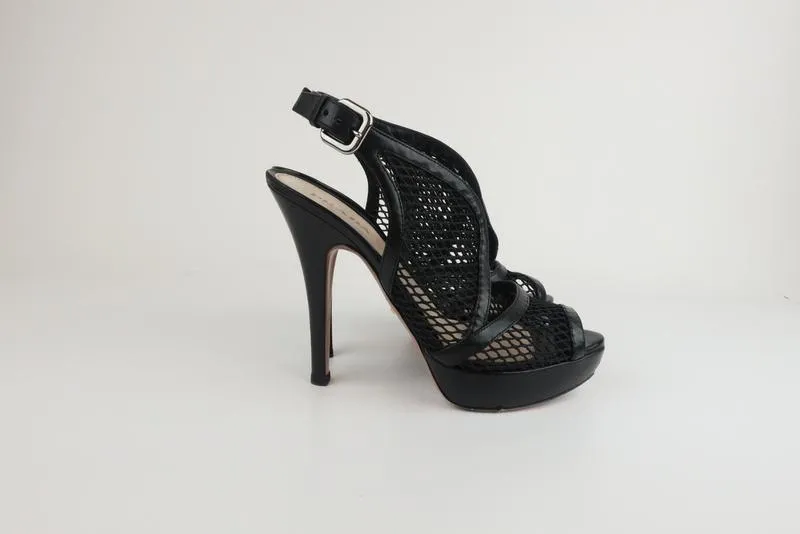 Prada Platform Slingback Sandals Black Leather & Mesh Size 38.5 Peep Toe Heel