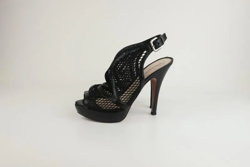 Prada Platform Slingback Sandals Black Leather & Mesh Size 38.5 Peep Toe Heel