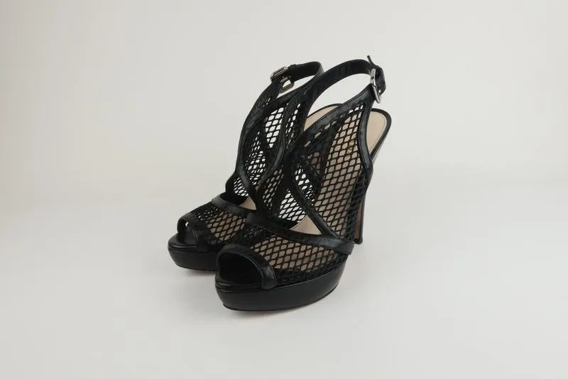 Prada Platform Slingback Sandals Black Leather & Mesh Size 38.5 Peep Toe Heel