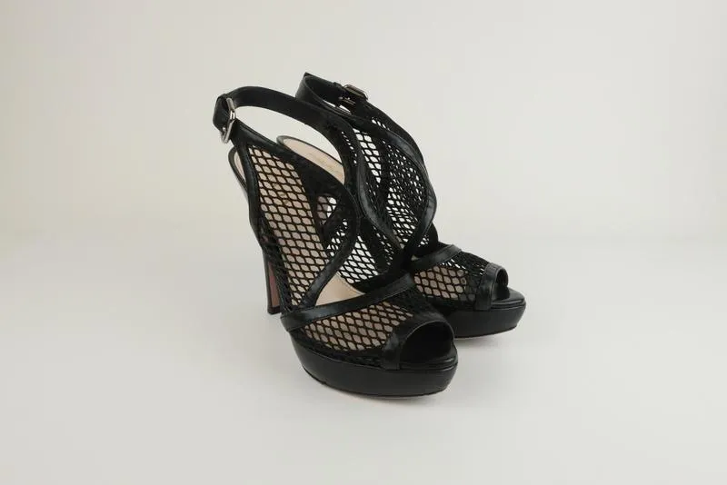Prada Platform Slingback Sandals Black Leather & Mesh Size 38.5 Peep Toe Heel