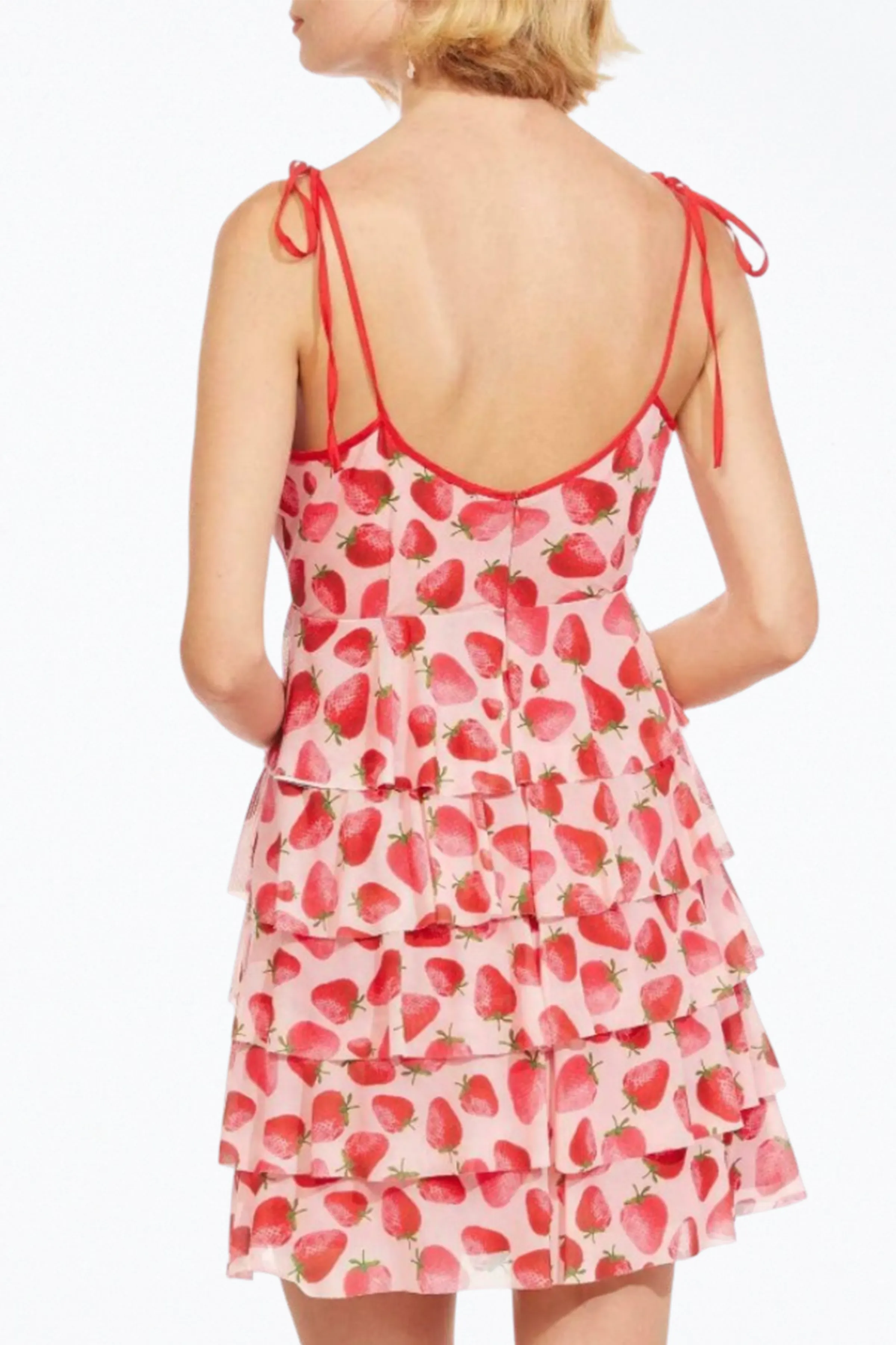 RADA STRAWBERRY-PRINT TIERED MESH MINI DRESS