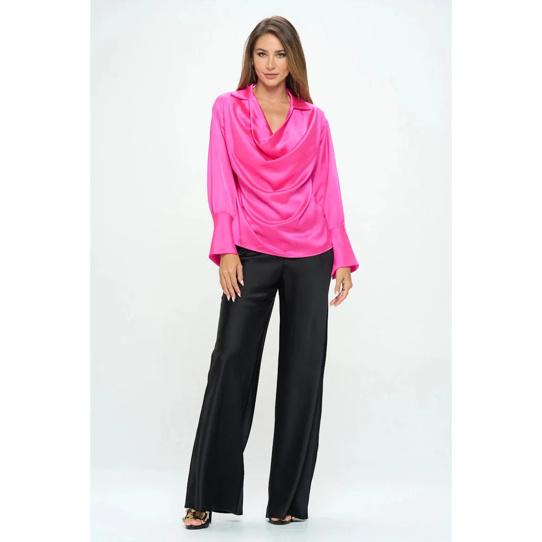 Renee C Satin Collared Cowl Neck Blouse