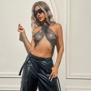 Rhinestone Mesh Tassel Crop Top