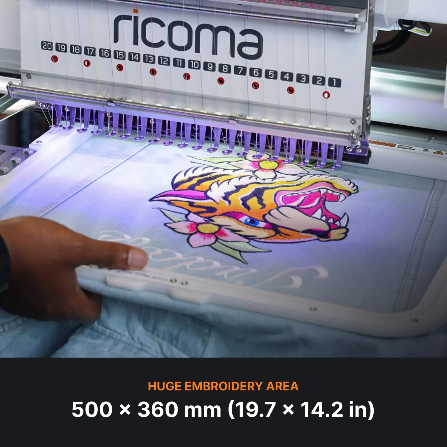 Ricoma Marquee 2001 Single-Head Multi Needle Commercial Embroidery Machine with Steel Embroidery Stand, Hoop and Cap Attachments, Chroma Digitizing Software, Lifetime Customer Support