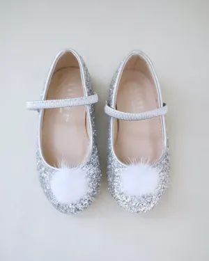 Rock Glitter Mary Jane Ballet Flats with White Faux Fur Puff