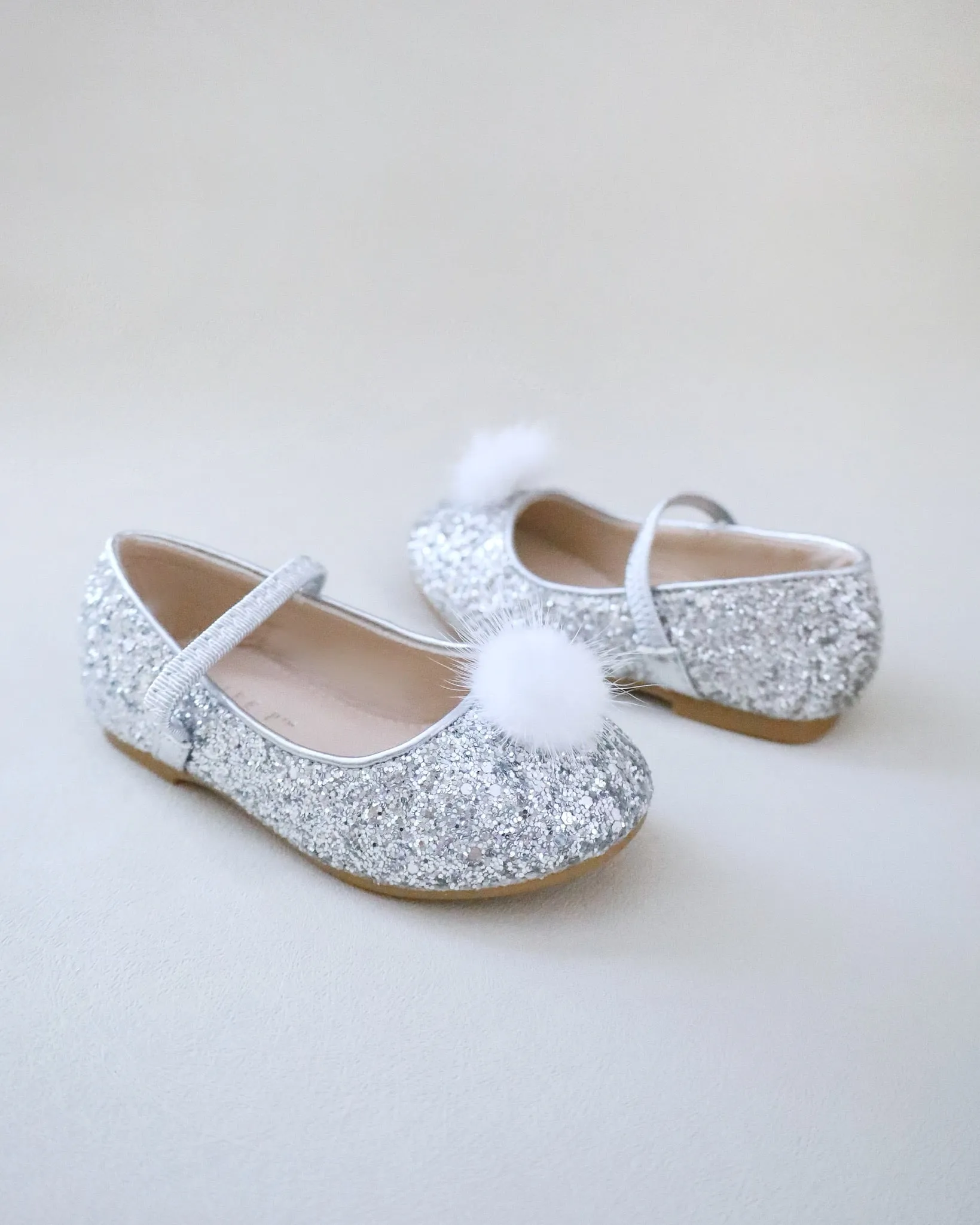 Rock Glitter Mary Jane Ballet Flats with White Faux Fur Puff