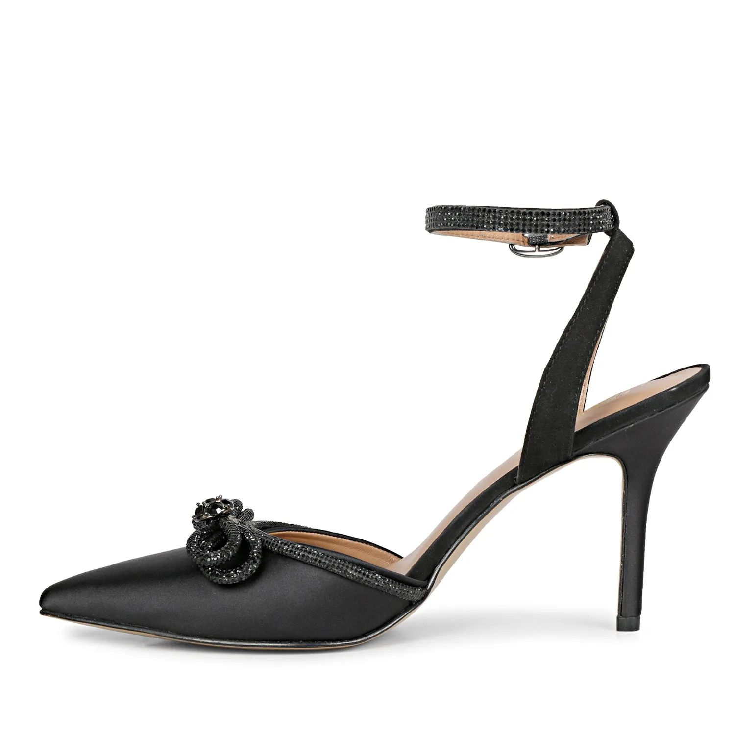 Saint Kylie Silver Stone Studded Bow Black Leather Stilettos