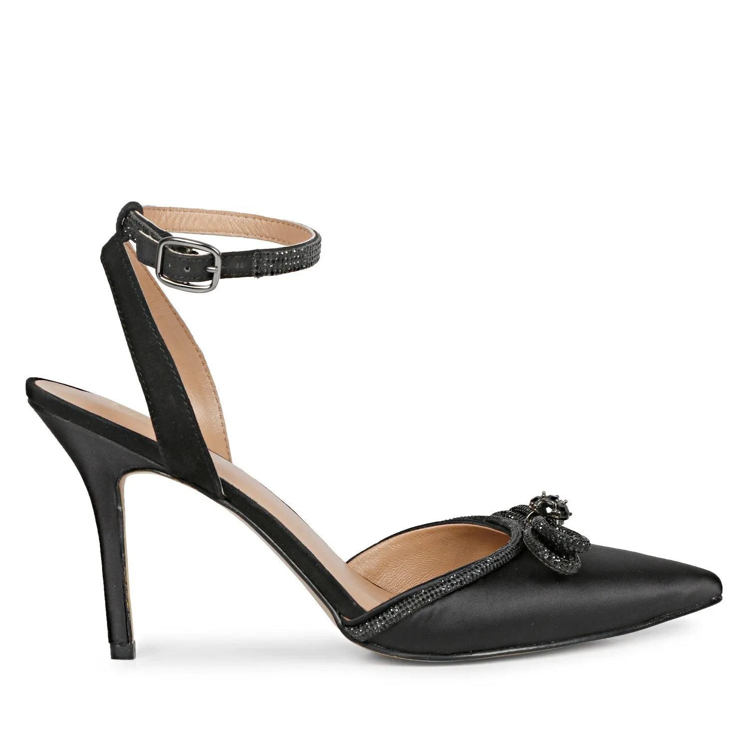 Saint Kylie Silver Stone Studded Bow Black Leather Stilettos