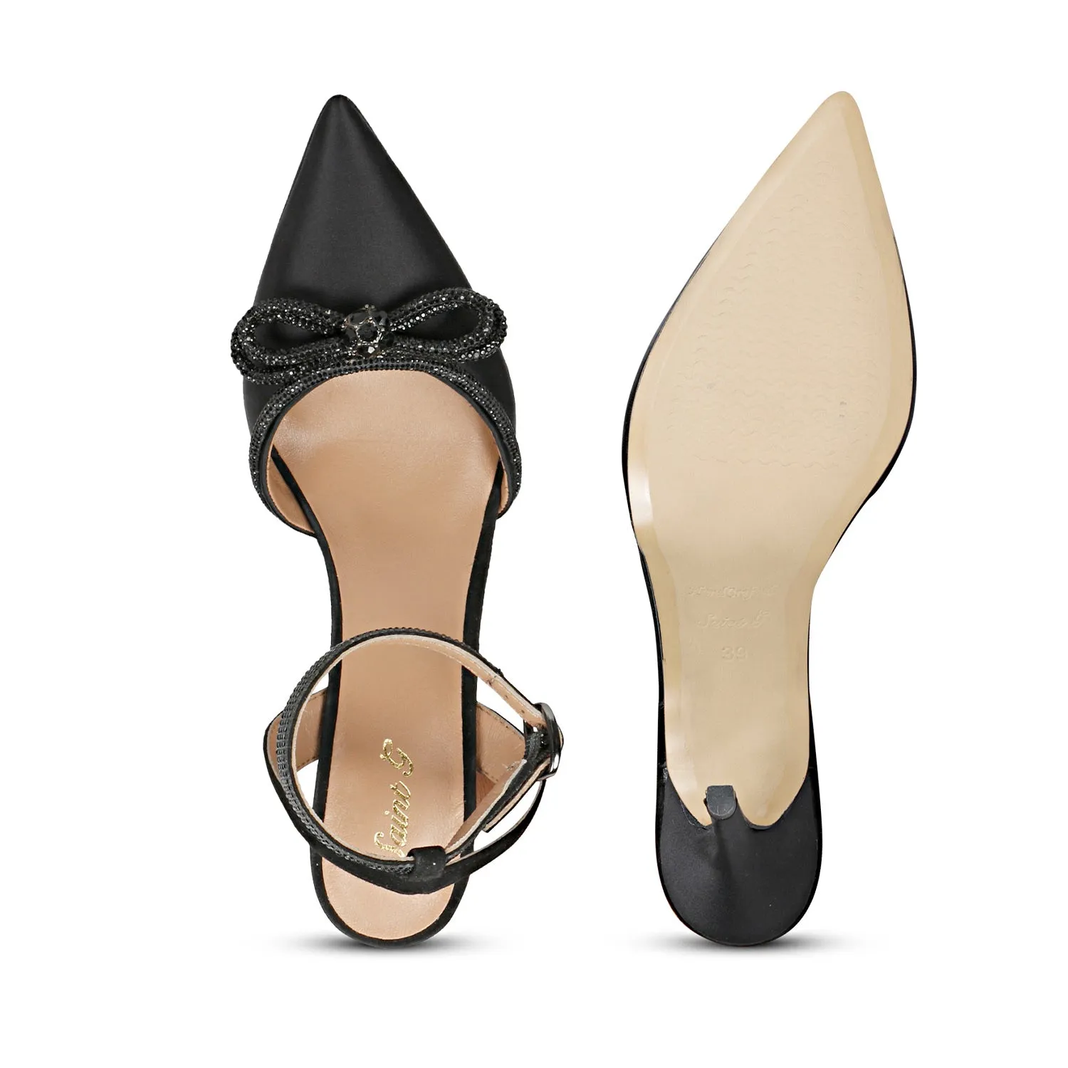 Saint Kylie Silver Stone Studded Bow Black Leather Stilettos