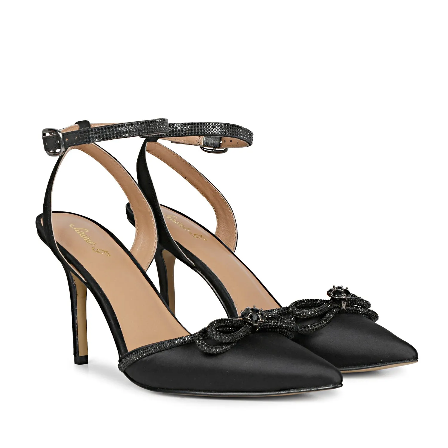 Saint Kylie Silver Stone Studded Bow Black Leather Stilettos