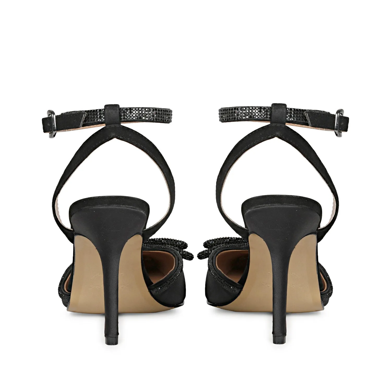 Saint Kylie Silver Stone Studded Bow Black Leather Stilettos