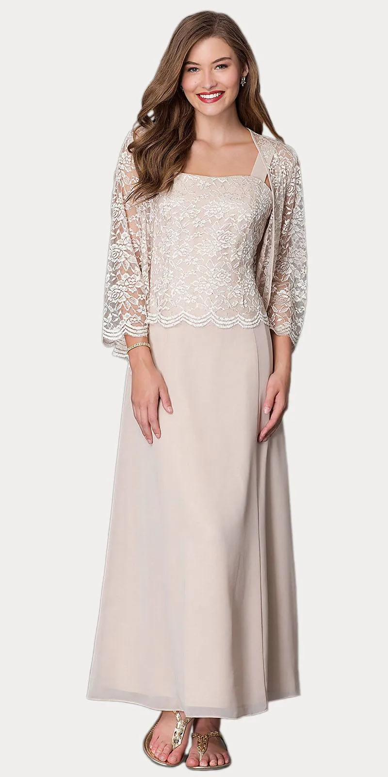 Sally Fashion 8466 Long Chiffon Mother of Groom Dress Lace 3/4 length Sleeve Jacket