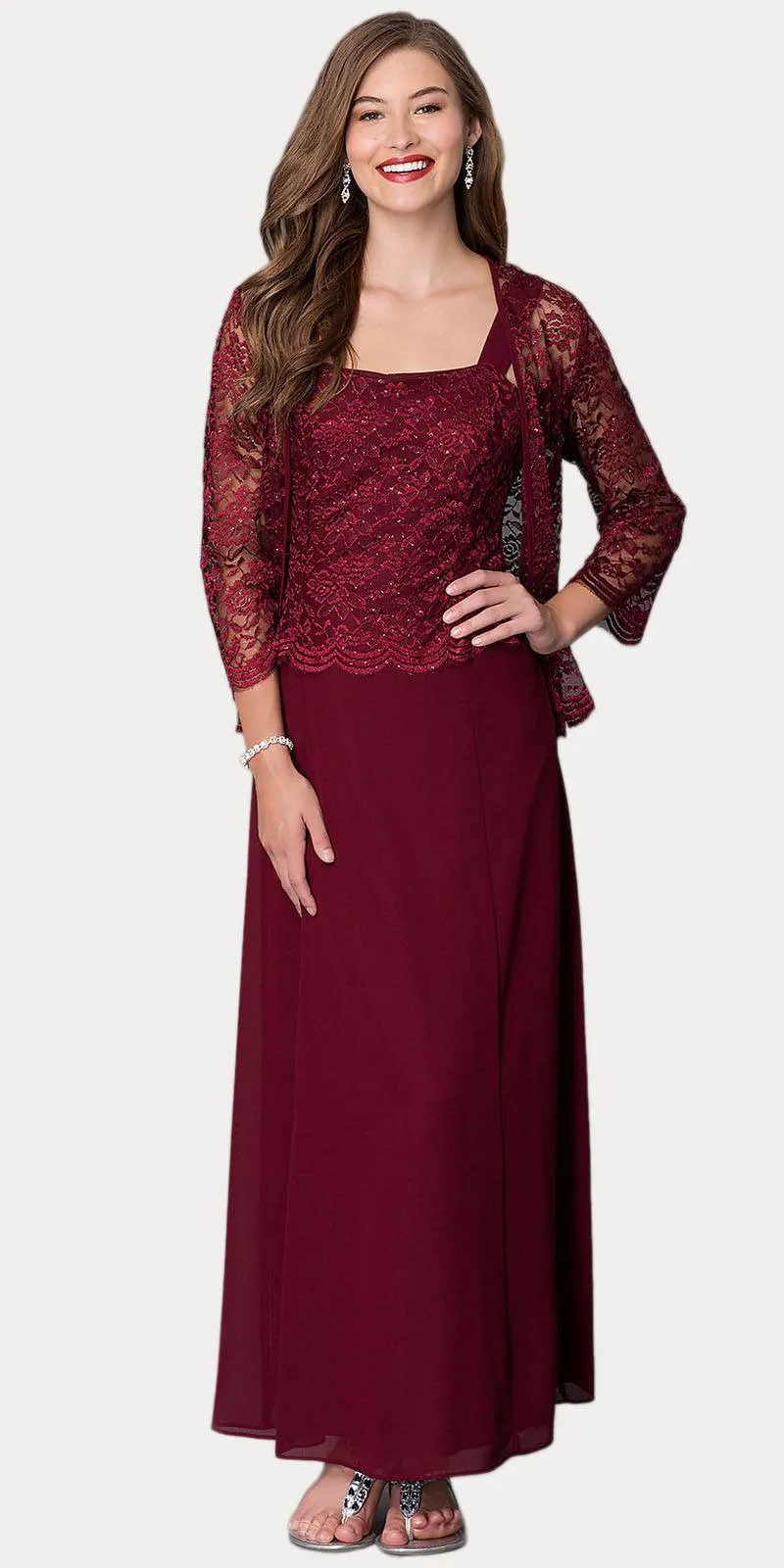 Sally Fashion 8466 Long Chiffon Mother of Groom Dress Lace 3/4 length Sleeve Jacket