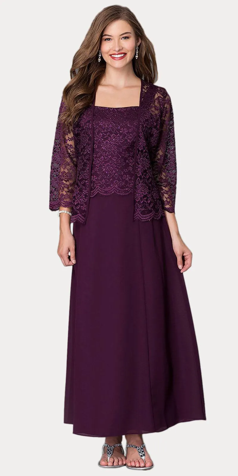 Sally Fashion 8466 Long Chiffon Mother of Groom Dress Lace 3/4 length Sleeve Jacket