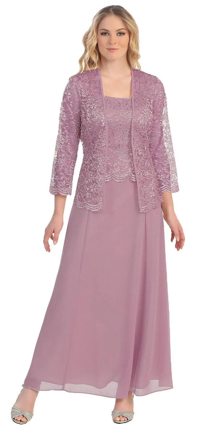 Sally Fashion 8466 Long Chiffon Mother of Groom Dress Lace 3/4 length Sleeve Jacket