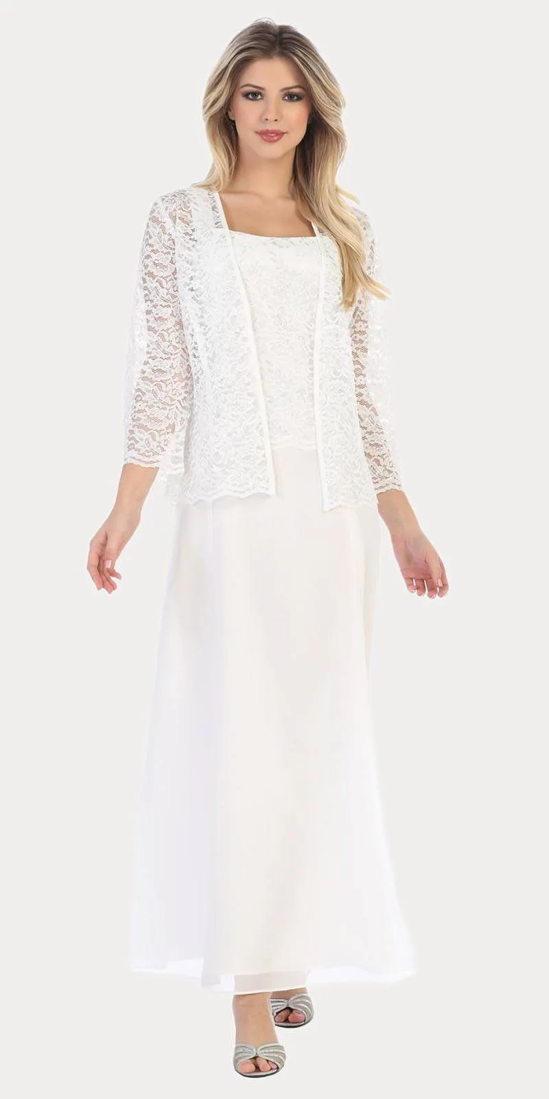 Sally Fashion 8466 Long Chiffon Mother of Groom Dress Lace 3/4 length Sleeve Jacket