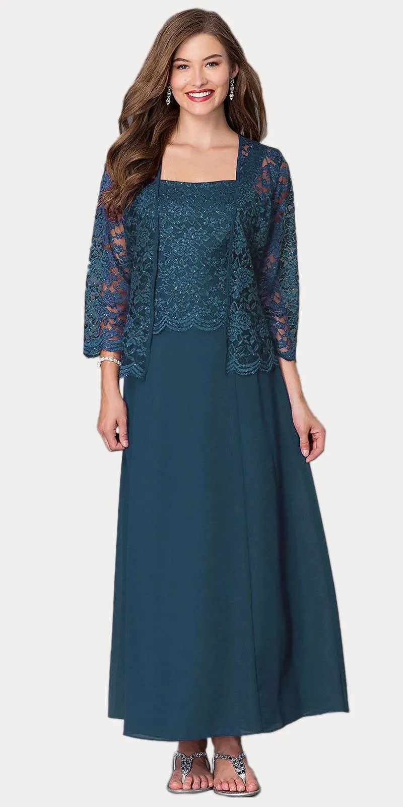 Sally Fashion 8466 Long Chiffon Mother of Groom Dress Lace 3/4 length Sleeve Jacket