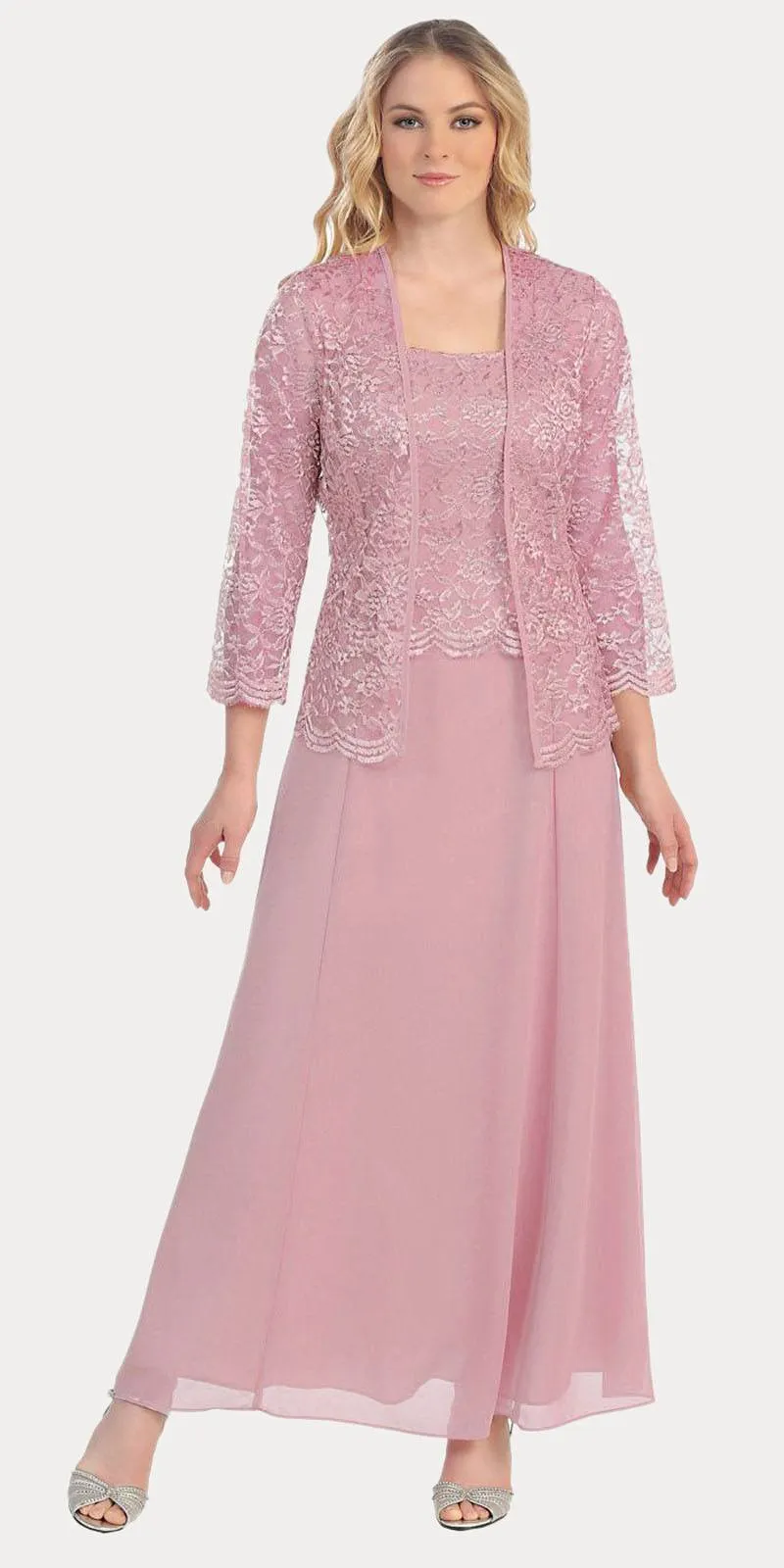 Sally Fashion 8466 Long Chiffon Mother of Groom Dress Lace 3/4 length Sleeve Jacket