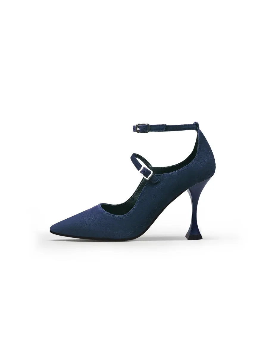 Scalloped Edges-Curve Shaped Leather Ankle Strap - Navy