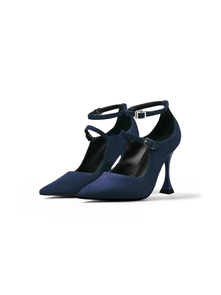 Scalloped Edges-Curve Shaped Leather Ankle Strap - Navy