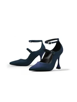 Scalloped Edges-Curve Shaped Leather Ankle Strap - Navy