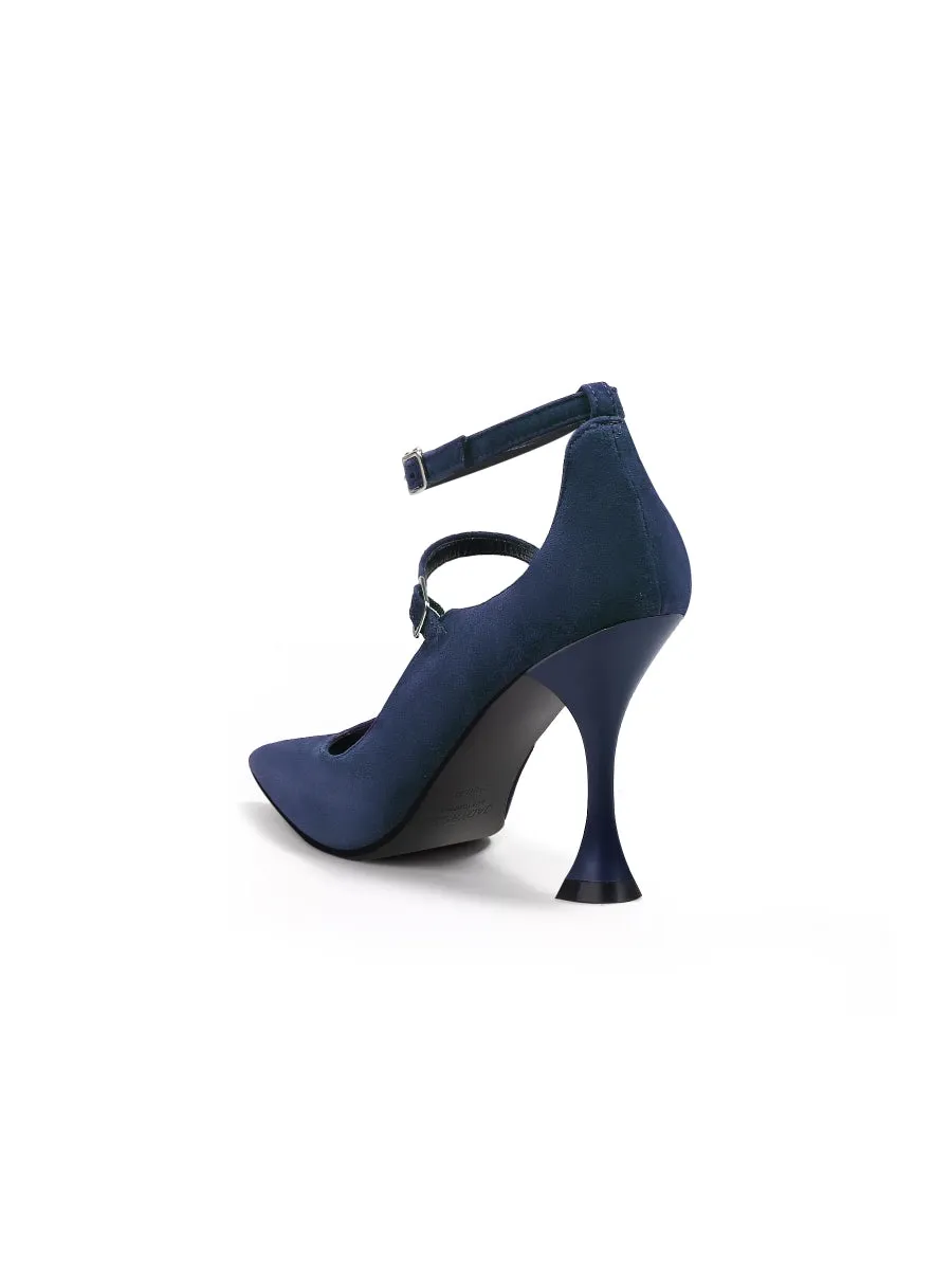 Scalloped Edges-Curve Shaped Leather Ankle Strap - Navy