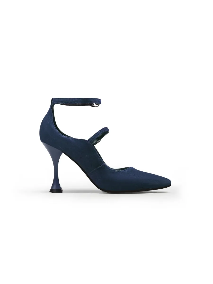 Scalloped Edges-Curve Shaped Leather Ankle Strap - Navy
