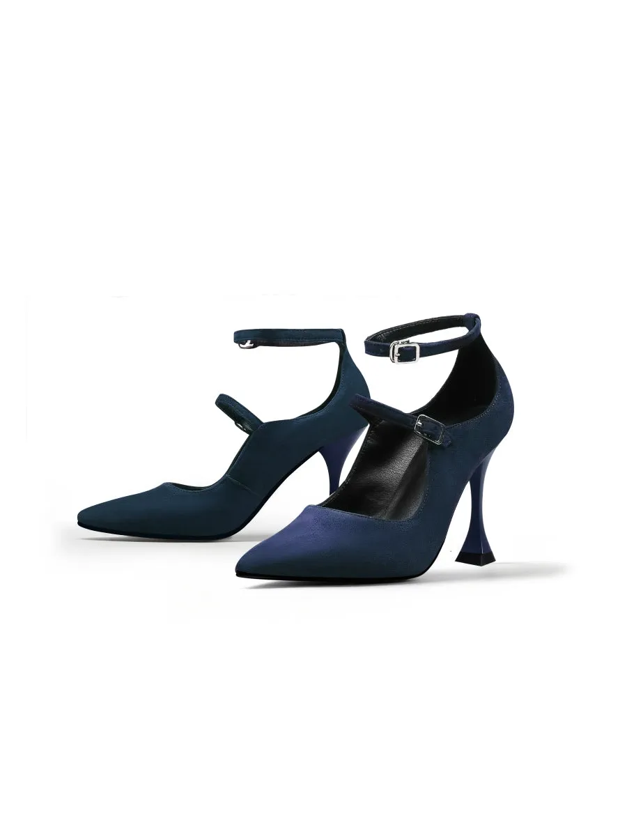 Scalloped Edges-Curve Shaped Leather Ankle Strap - Navy