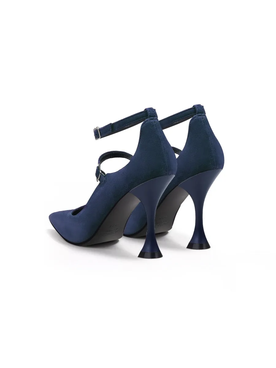 Scalloped Edges-Curve Shaped Leather Ankle Strap - Navy