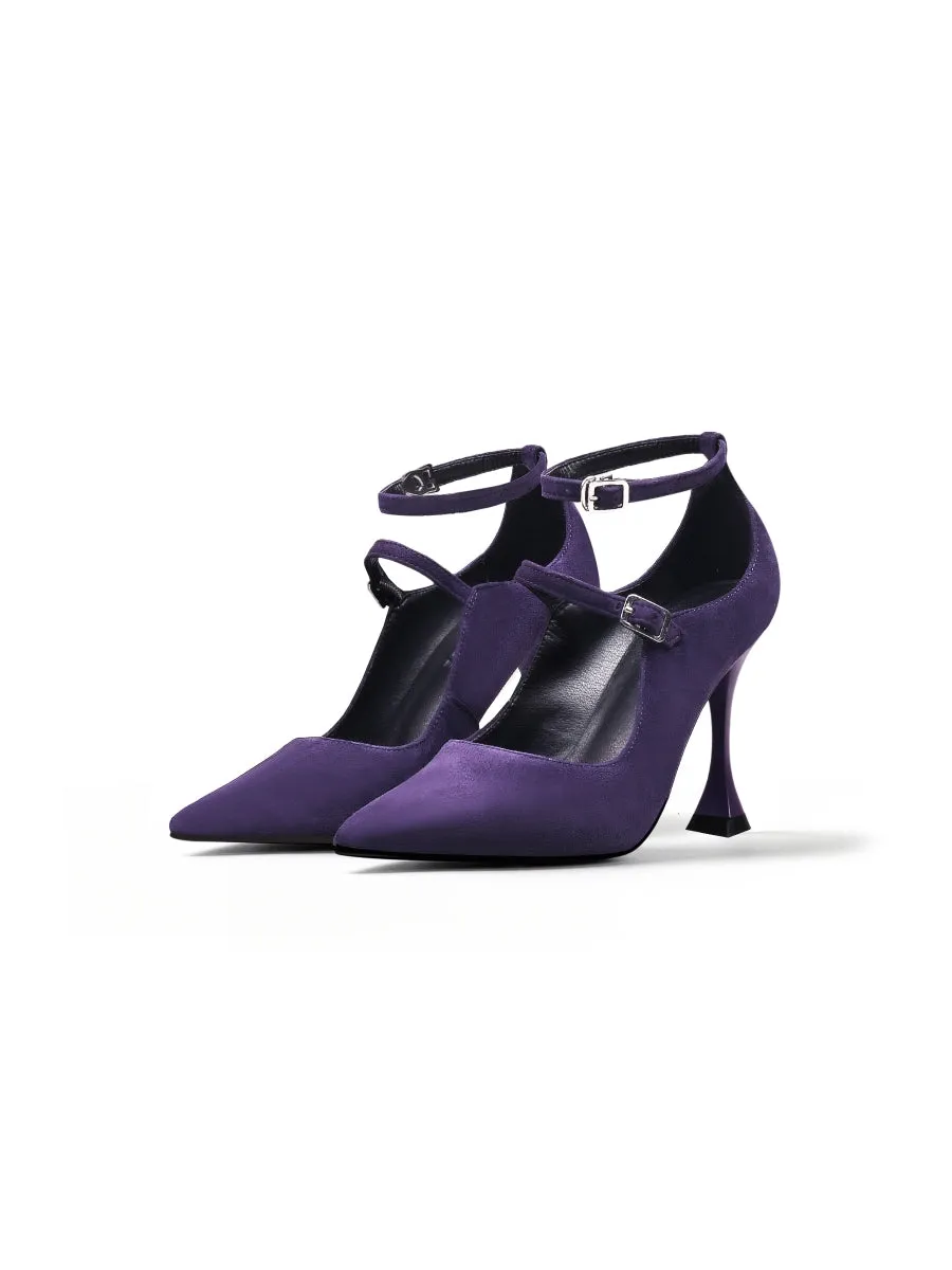 Scalloped Edges-Curve Shaped Leather Ankle Strap - Purple