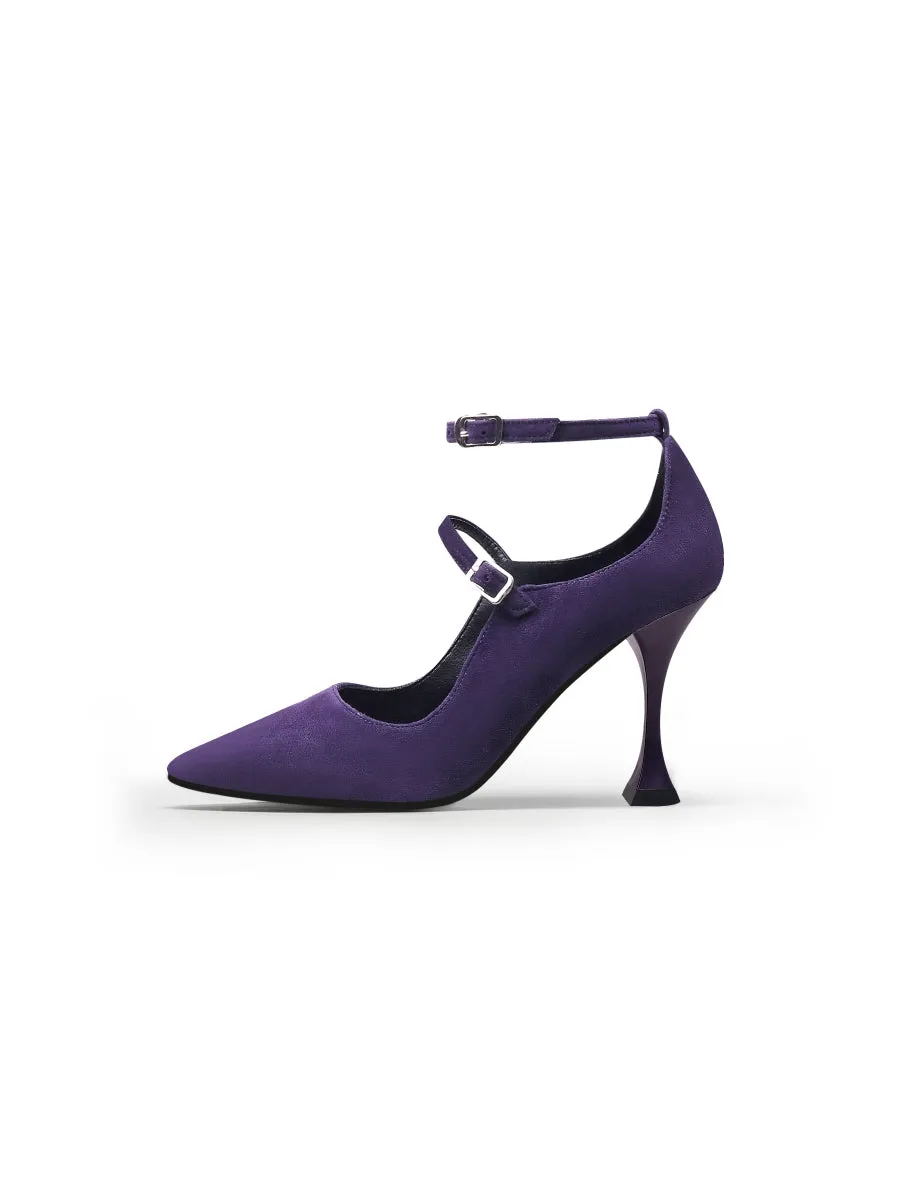 Scalloped Edges-Curve Shaped Leather Ankle Strap - Purple