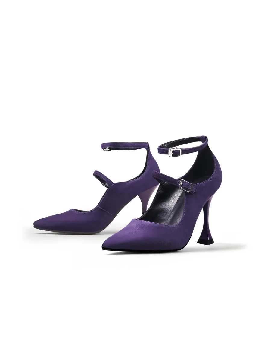 Scalloped Edges-Curve Shaped Leather Ankle Strap - Purple
