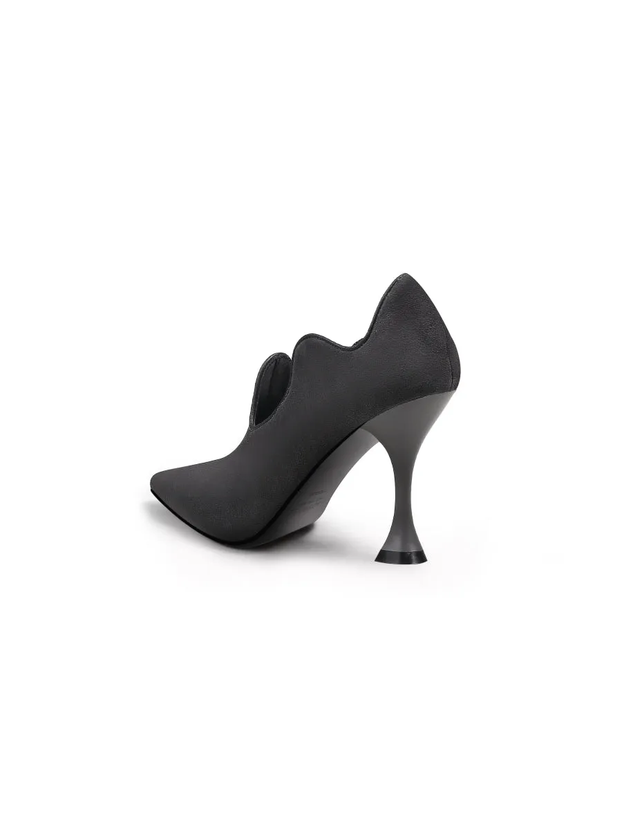 Scalloped Edges-Curve Shaped Leather Stilettos - Charcoal