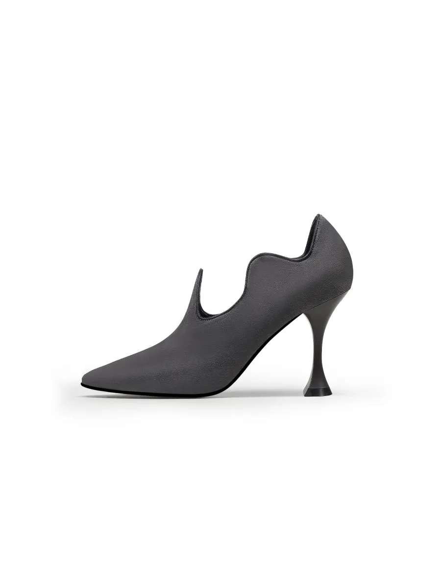 Scalloped Edges-Curve Shaped Leather Stilettos - Charcoal