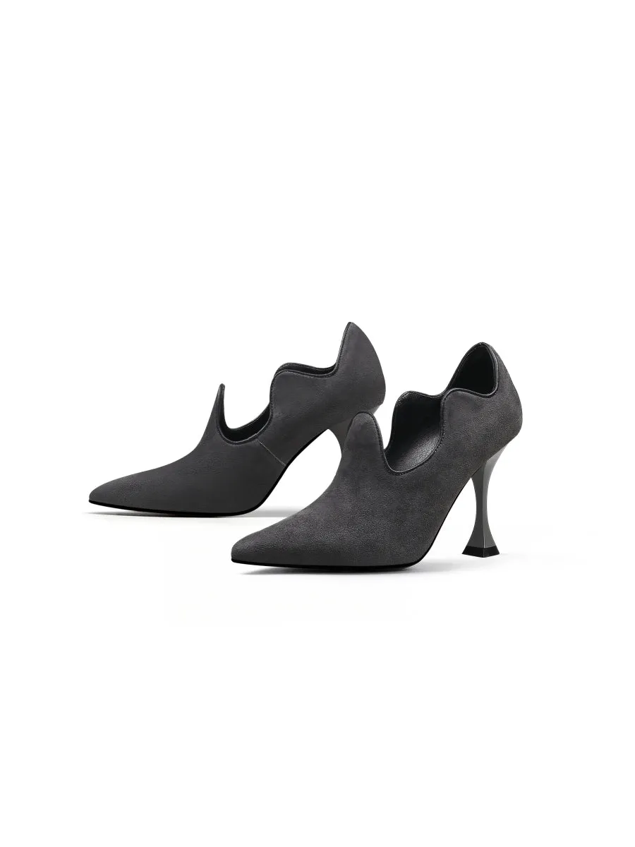 Scalloped Edges-Curve Shaped Leather Stilettos - Charcoal
