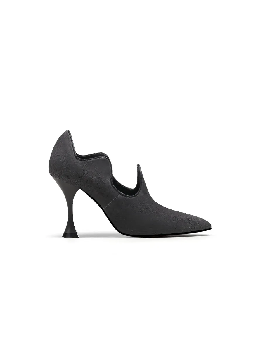 Scalloped Edges-Curve Shaped Leather Stilettos - Charcoal