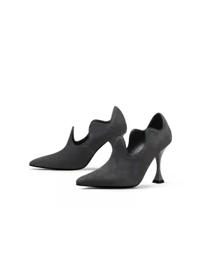 Scalloped Edges-Curve Shaped Leather Stilettos - Charcoal