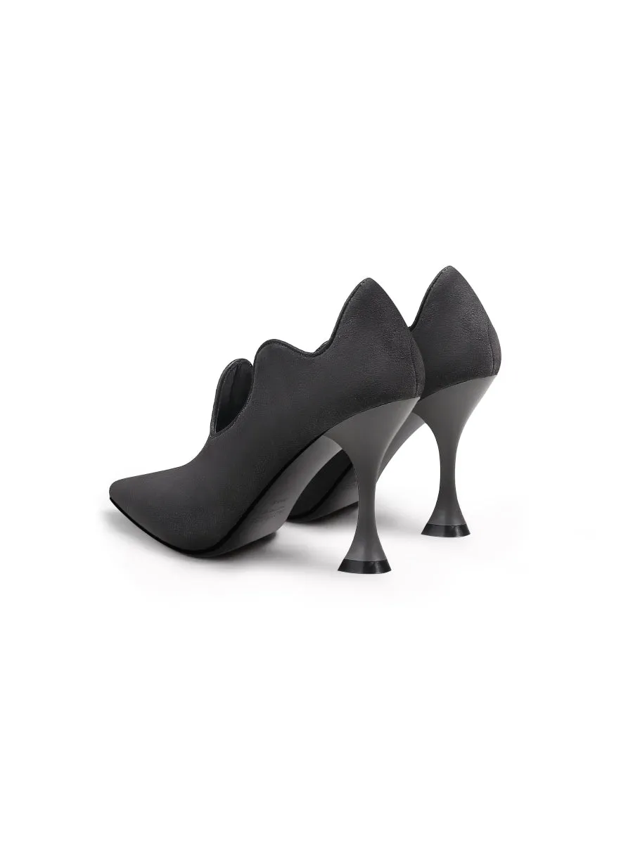 Scalloped Edges-Curve Shaped Leather Stilettos - Charcoal