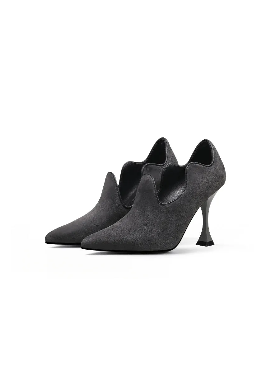 Scalloped Edges-Curve Shaped Leather Stilettos - Charcoal