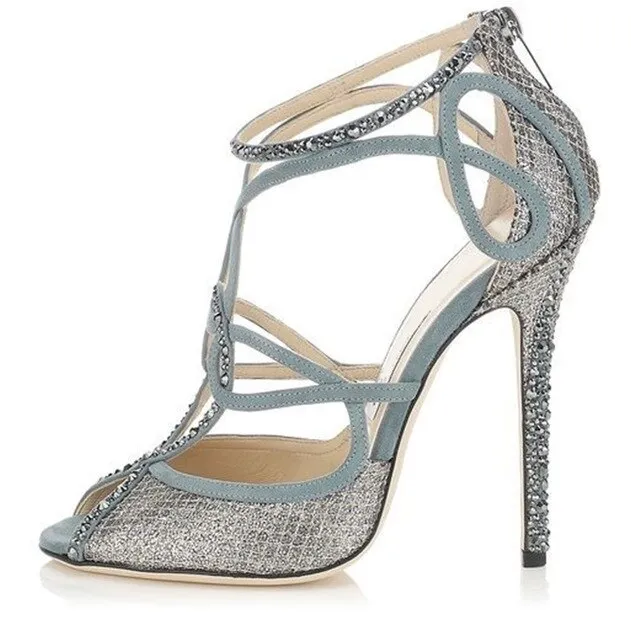 Shinning Crystal Twined Straps Hollow Out Sandals Woman Open Toe Stiletto High Heeled Wedding Dress Pumps Rhinestone Heeled Shoe
