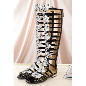 Shiny Snakeskin Mesh Patched Strappy Thigh High Sandals Boots
